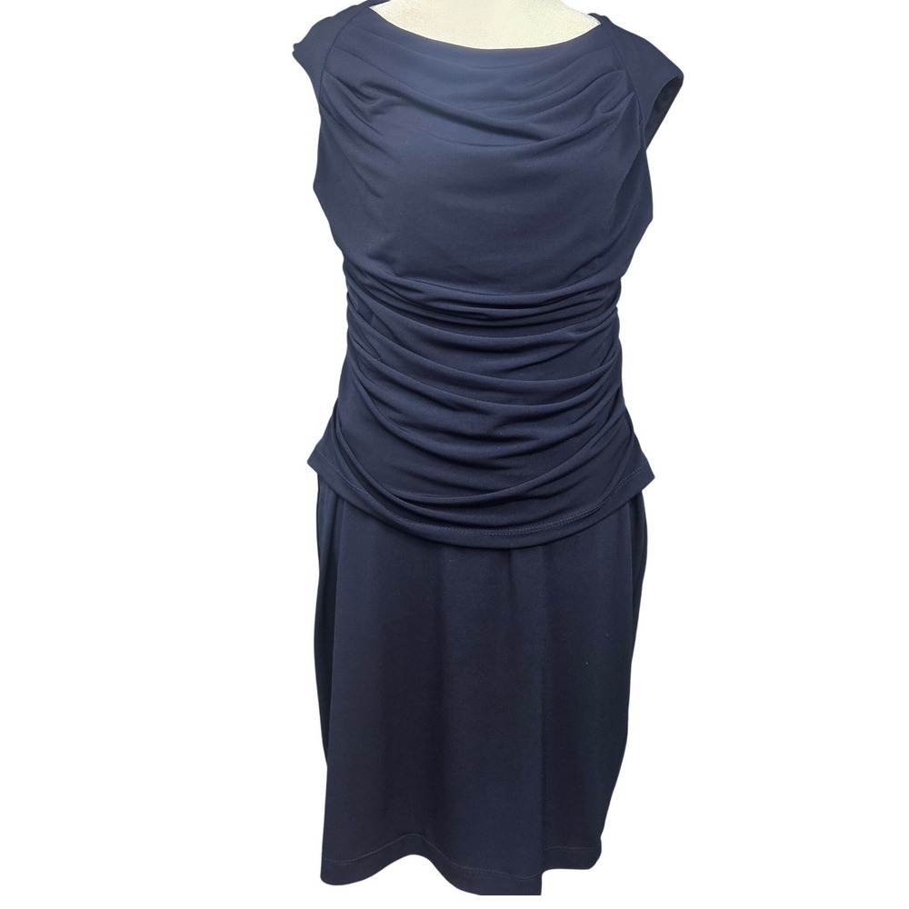 Connected Apparel Petite Navy Blue Cowl Neck Ruched Sheath Dress 4P T1311348P
